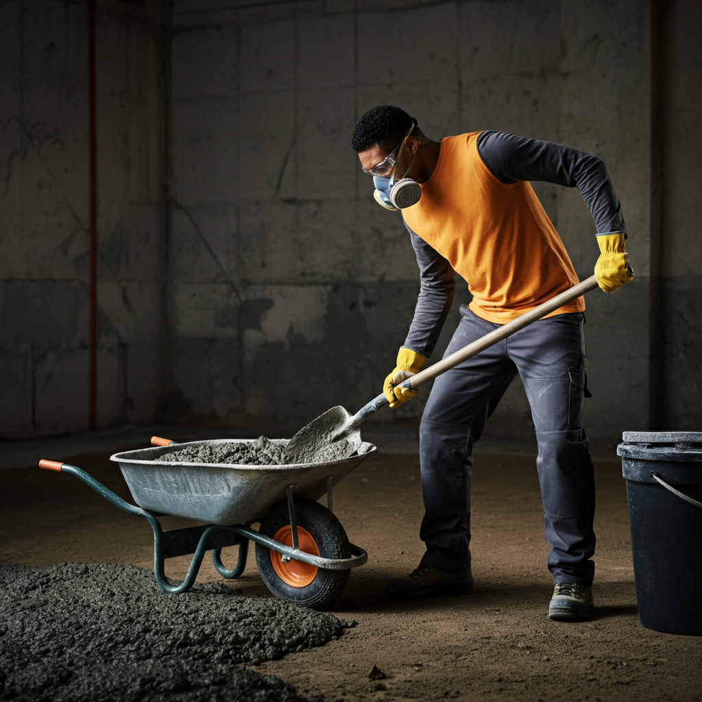 A construction worker wearing safety glasses, gloves, a dust mask, and work boots, mixing concrete in a wheelbarrow with a shovel. The scene is well-lit and focuses on the worker's safety gear.
