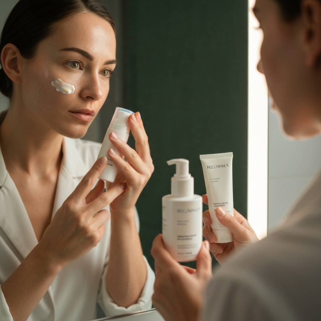 A woman with clean, slightly dewy skin applies sunscreen in front of a softly lit bathroom mirror. Focus on the texture of the skin and the clean lines of the skincare bottles.