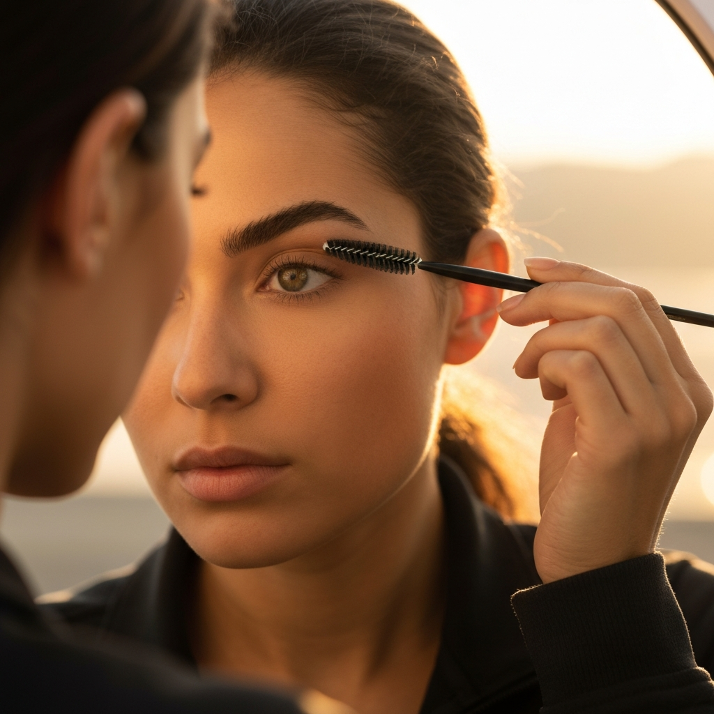 A woman looking into a mirror, carefully grooming her eyebrows with a spoolie brush. The lighting is focused on her face, highlighting the texture of her eyebrows.
