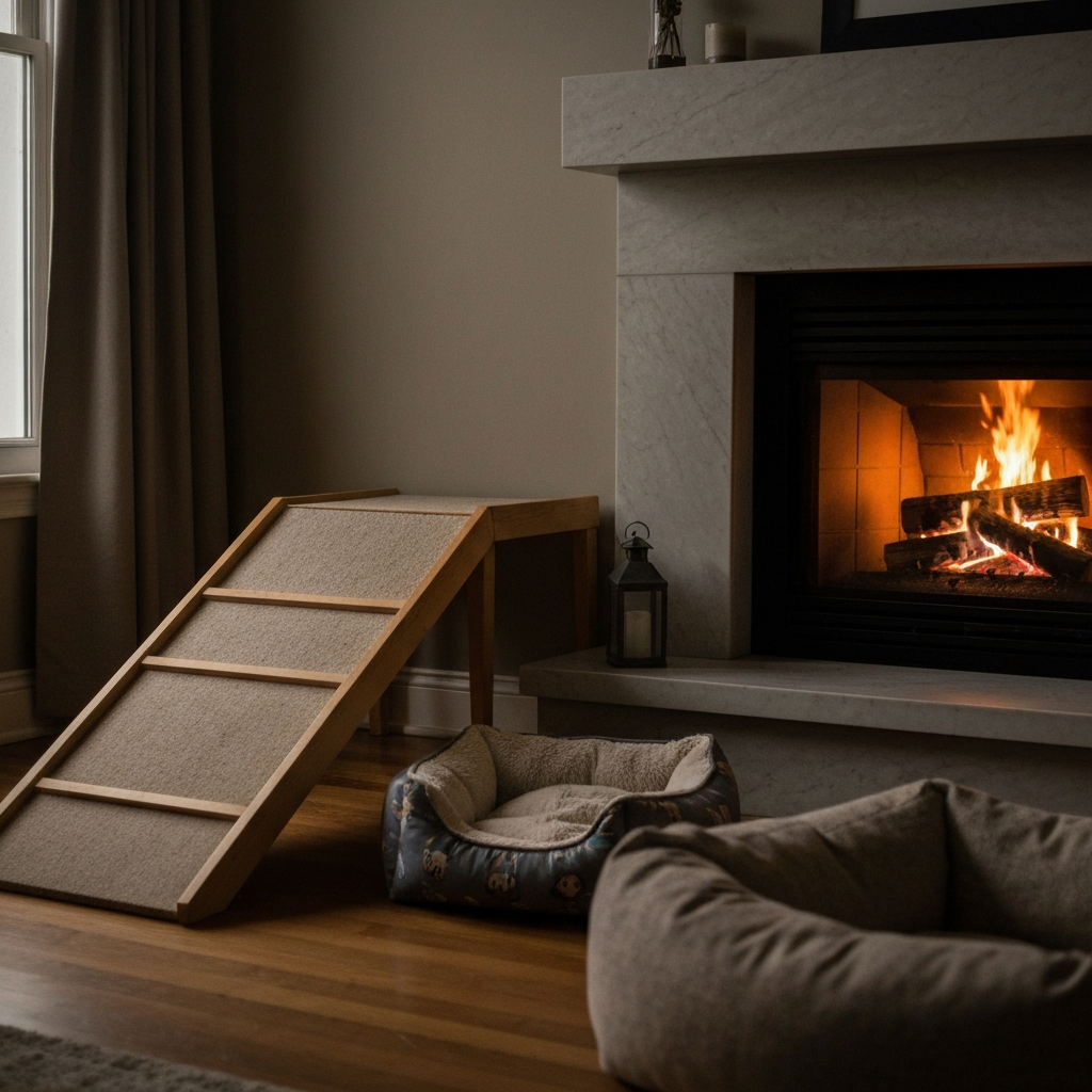 A warmly lit living room, showing a ramp leading to a favorite dog bed near a fireplace. Soft bokeh on the warm hues of the fire.