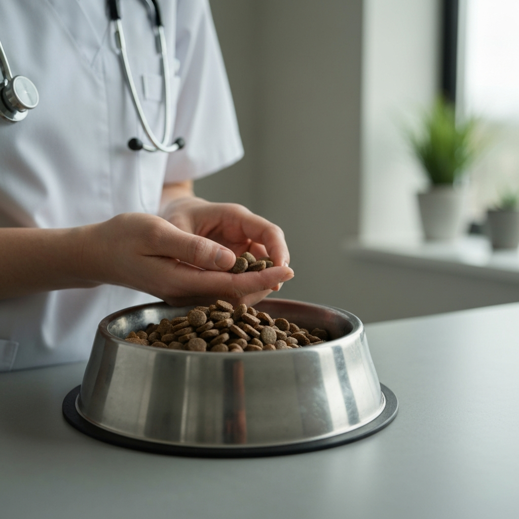 A close-up shot of a vet gently examining a bowl of senior dog food. Focus on the texture of the food and the vet's caring hand. Natural lighting.