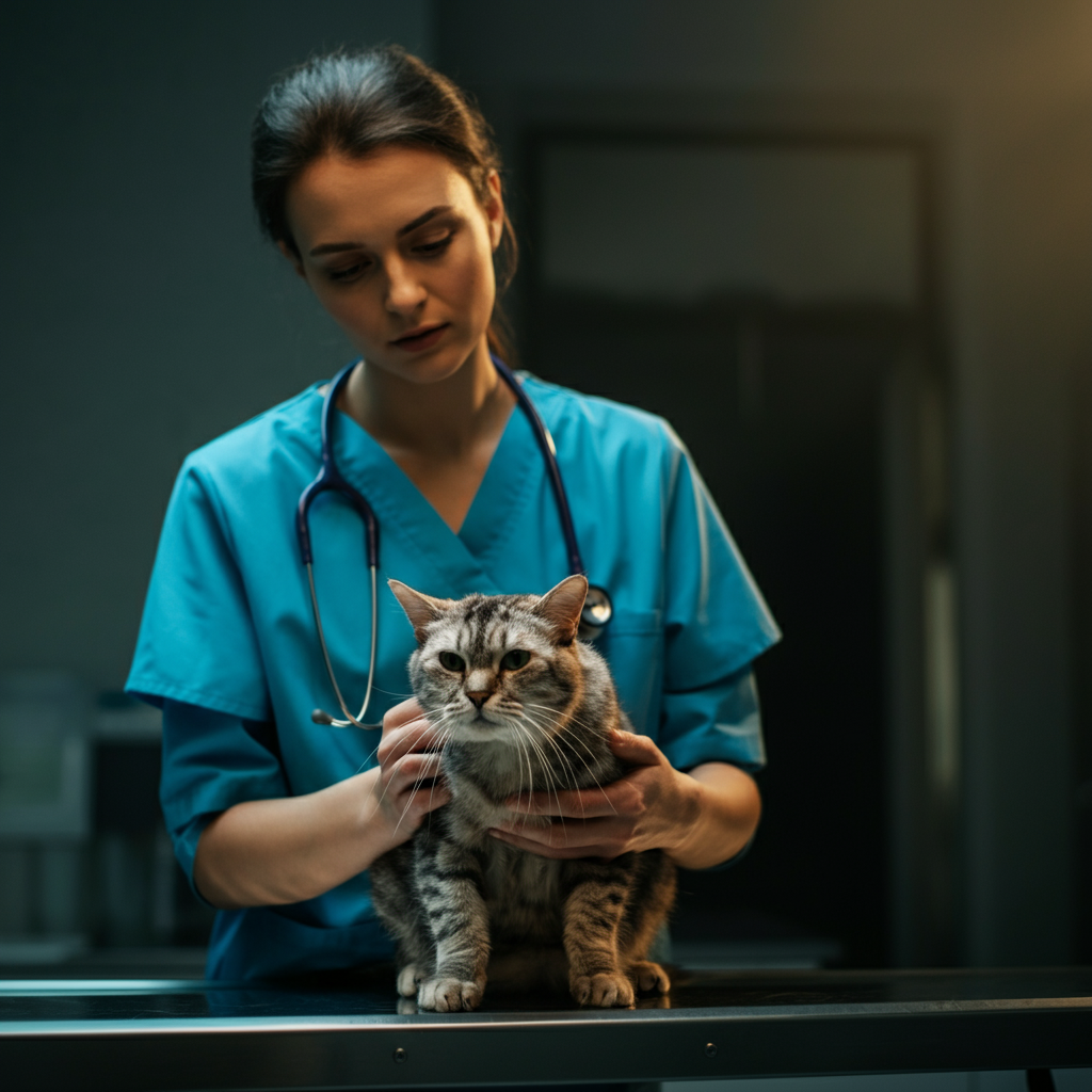 A veterinarian, fully clothed in professional attire, gently examining an elderly cat on an examination table. Soft, diffused lighting. Focus on the compassionate expression on the veterinarian's face.