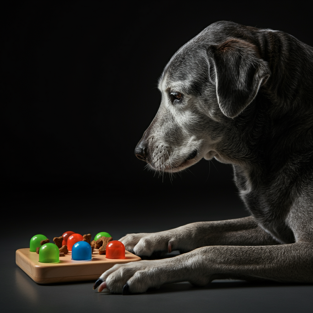 A side-lit image of an elderly dog interacting with a puzzle toy designed to dispense treats. Focus on the dog's focused expression and the textures of the toy.