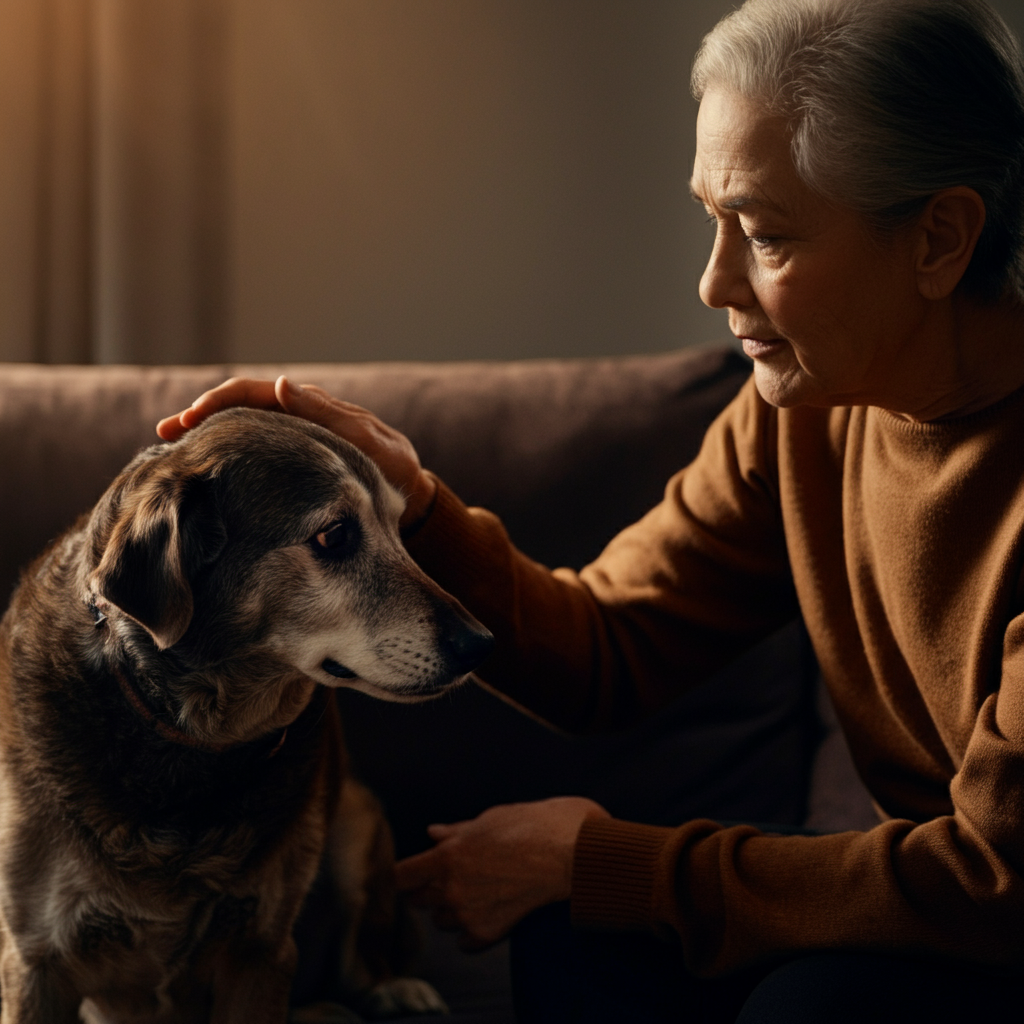 An older person gently petting an elderly dog on a couch. Warm, golden hour lighting. Focus on the connection and affection between the person and the dog.