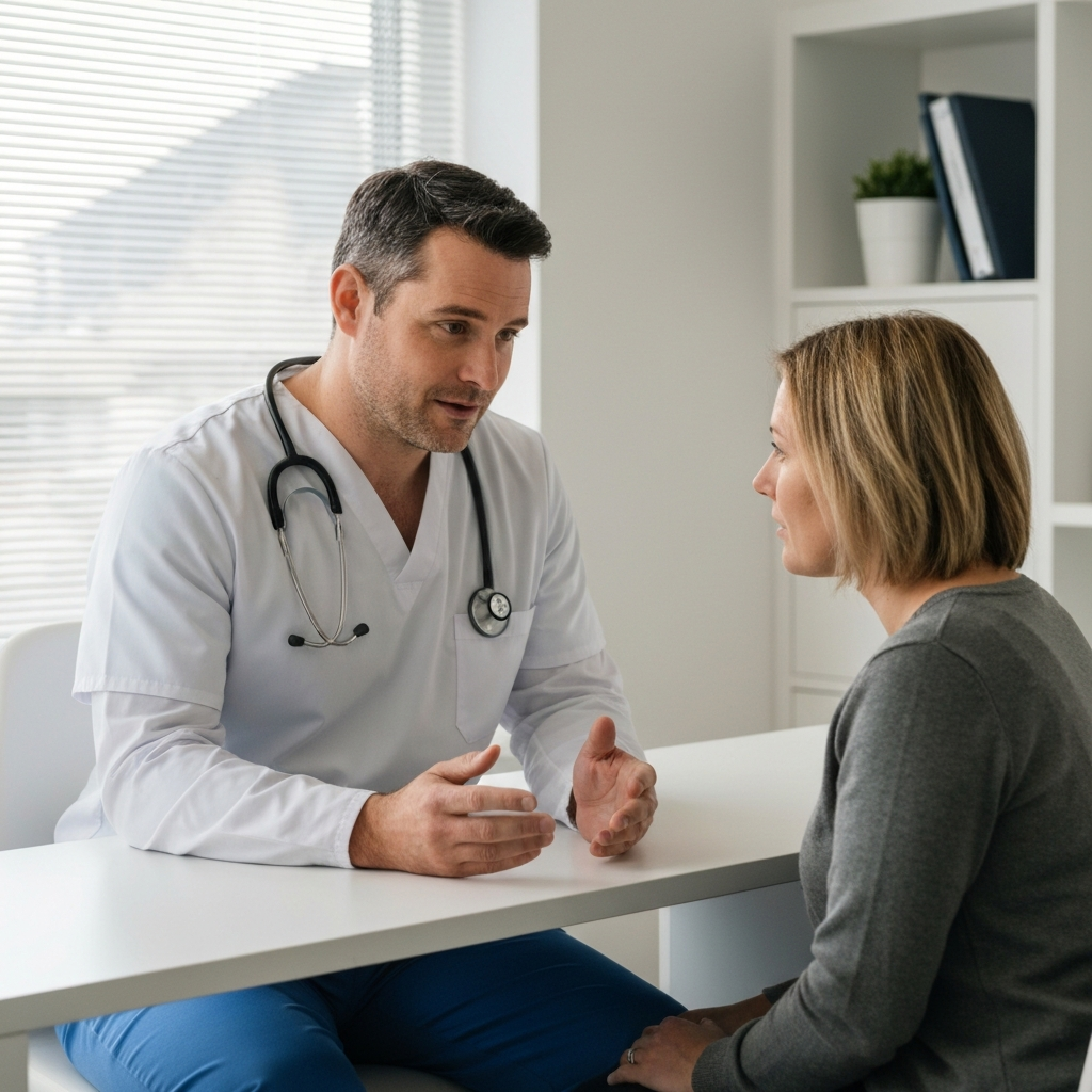 A veterinarian talking to a pet owner in a calm, comforting office setting. Focus on the empathetic expressions of both the vet and the owner. Natural lighting.