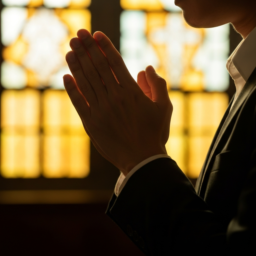 Close-up of hands gently clasped in prayer, bathed in soft, diffused light. The background features a blurred stained-glass window with warm, golden hues.