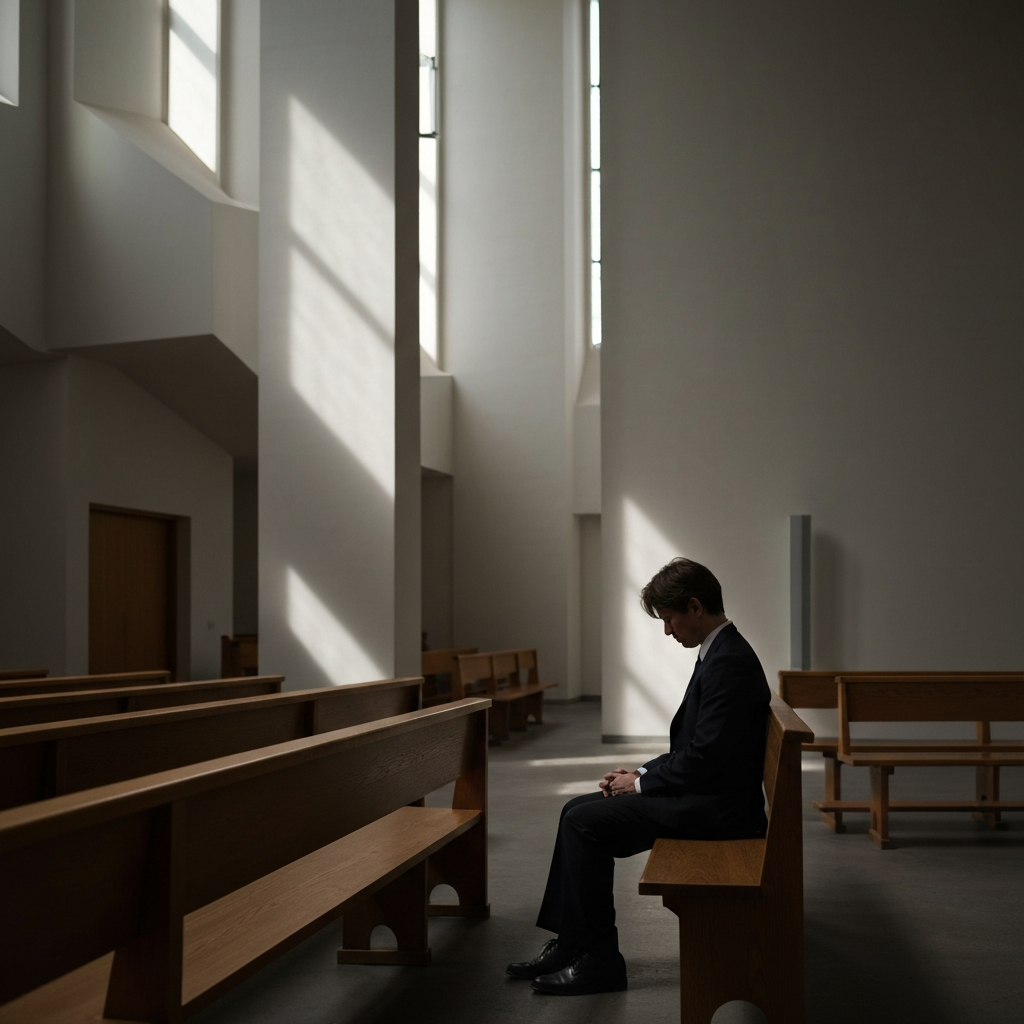 A person sitting on a wooden pew in a church, head bowed slightly, hands resting gently in their lap. The light filters softly through a high window, casting gentle shadows.