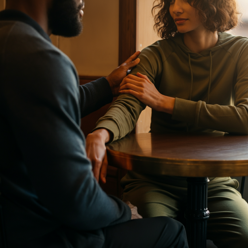 Two people seated at a table, one gently placing a hand on the other's arm in a gesture of support. The background is softly blurred, showing a warm, inviting cafe setting with natural lighting.