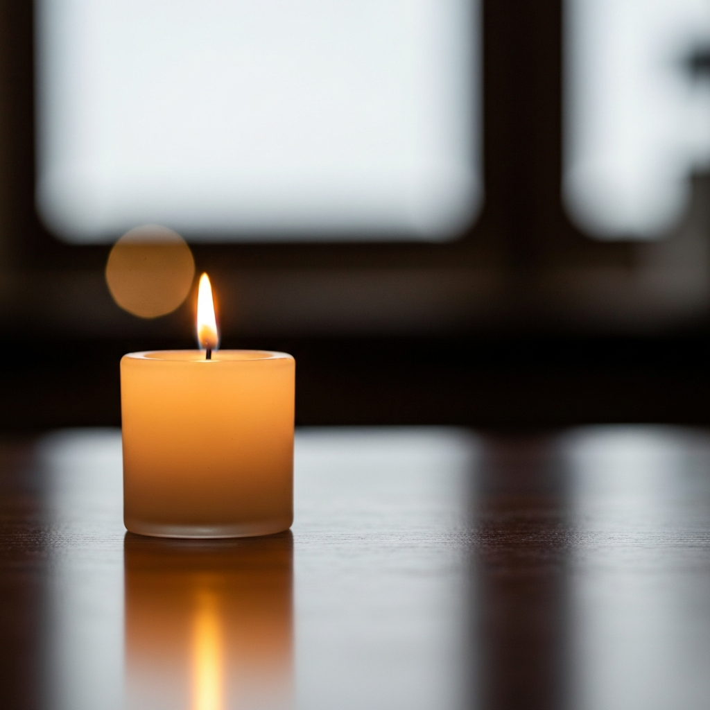 A candle burning brightly on a polished wooden surface, creating a warm, inviting glow. Soft bokeh in the background suggests a quiet and reflective space.