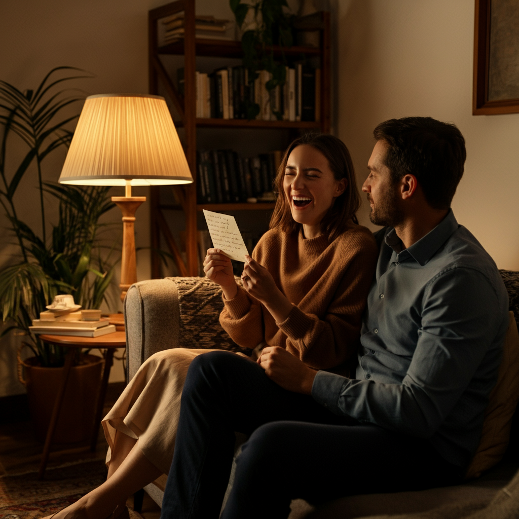 A couple sitting on a couch, bathed in the warm light of a table lamp. The woman is laughing, holding a handwritten note. The man is looking at her with a soft smile. The room is decorated with plants and books, creating a cozy and intimate atmosphere.