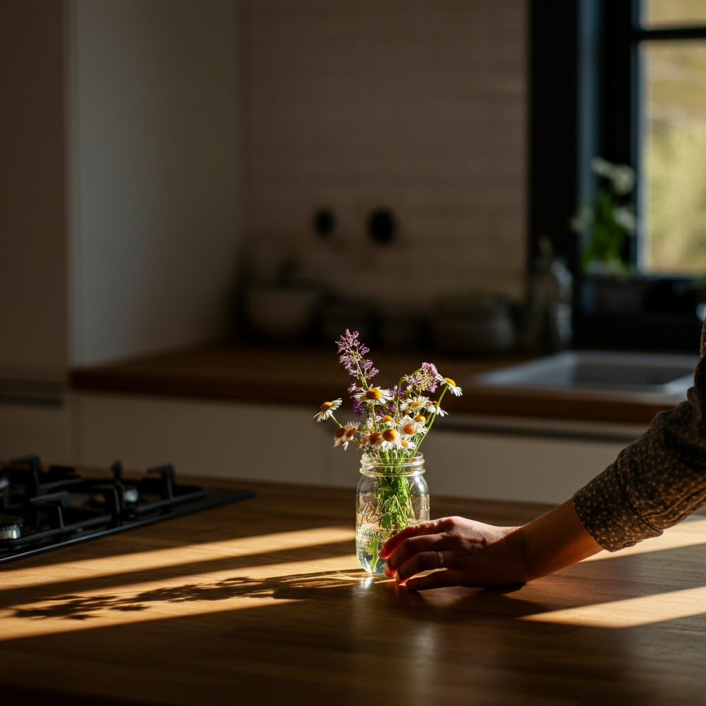 A close-up shot of a hand carefully arranging a small bouquet of wildflowers in a mason jar. Soft bokeh in the background reveals a sun-drenched kitchen with wooden countertops.