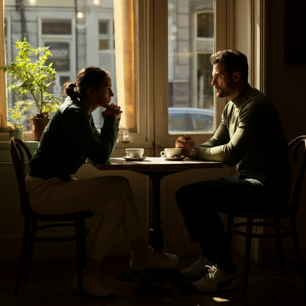 Two people are sitting at a small cafe table, having a serious conversation. The woman is leaning forward, her hands clasped together. The man is looking at her intently, nodding occasionally. The sunlight streams through the window, casting long shadows.