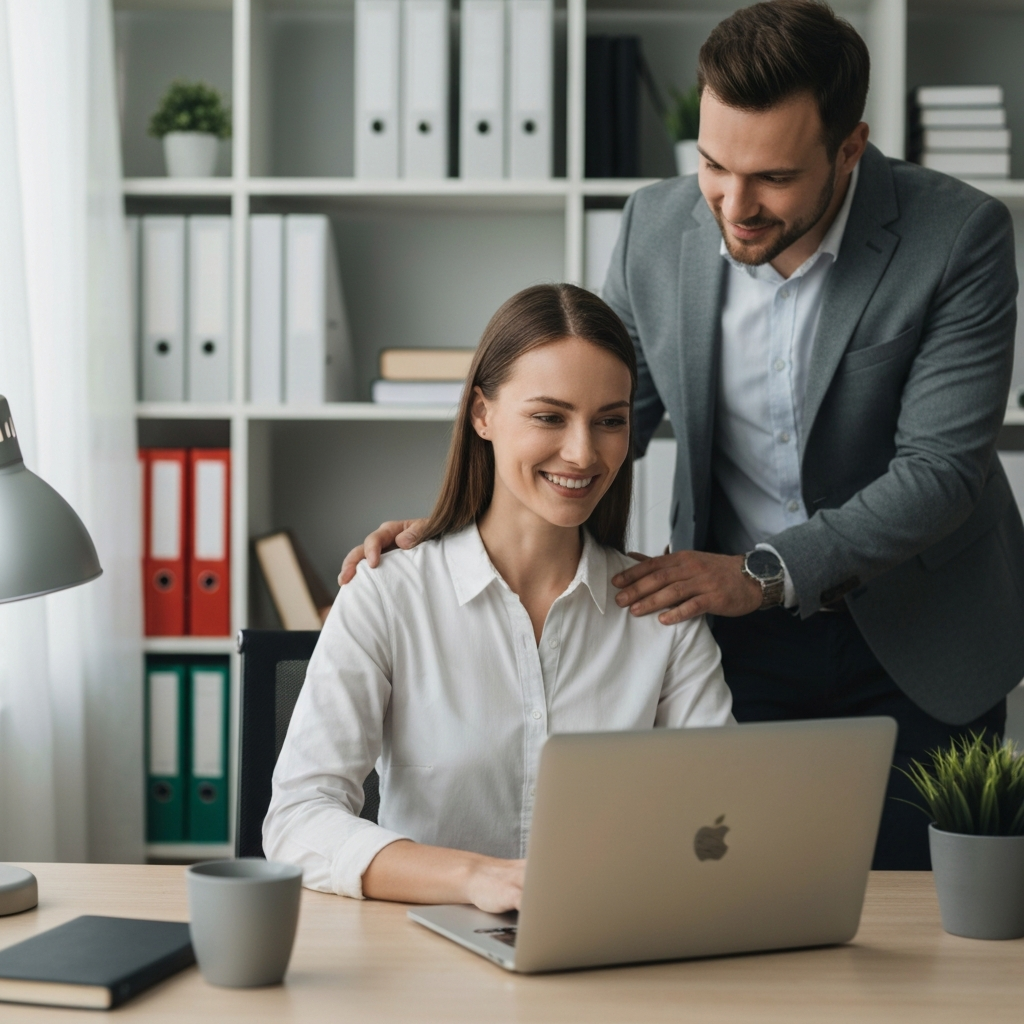 A home office setting. A woman is working on a laptop, smiling with determination. A man is standing behind her, gently placing his hand on her shoulder in a gesture of encouragement. The room is well-lit and organized, promoting a sense of productivity.