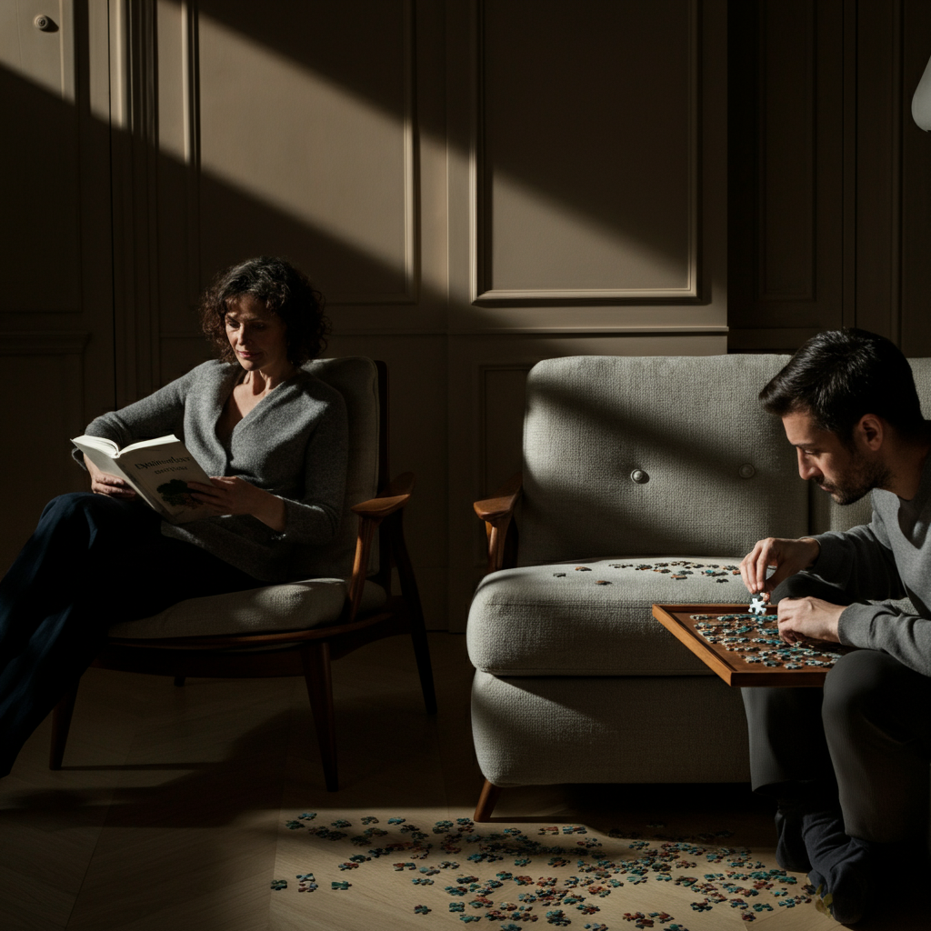 A woman sitting in a comfortable armchair, reading a book. Soft, natural light streams in through a window, highlighting the texture of the fabric. A man is sitting nearby, working on a puzzle, each absorbed in their own activity but comfortable in each other's presence.