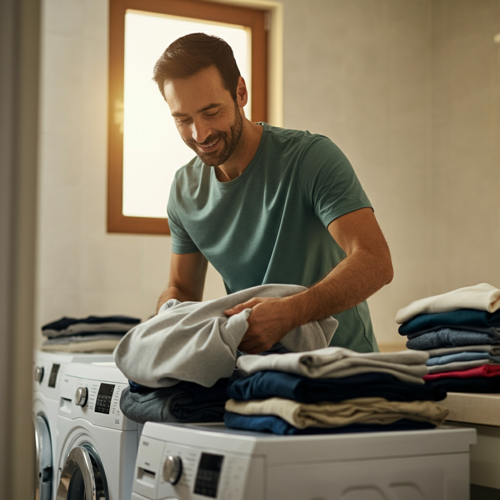 A man folding laundry in a brightly lit laundry room. The clothes are neatly stacked, and a gentle smile is on his face. The light is diffused and even, creating a clean and organized atmosphere.