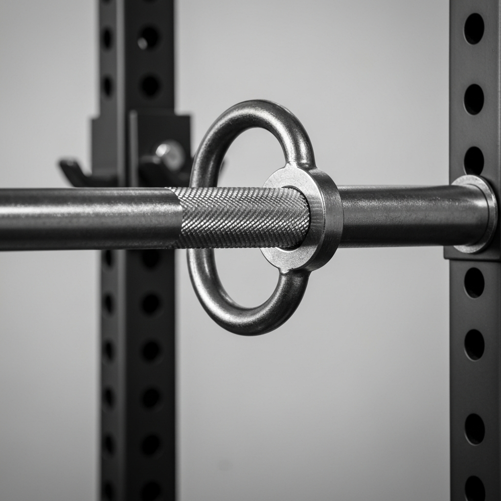 Close up of a barbell sitting securely in a squat rack, J-hooks glinting under studio lighting. Focus on the knurling on the bar and the solid construction of the rack.