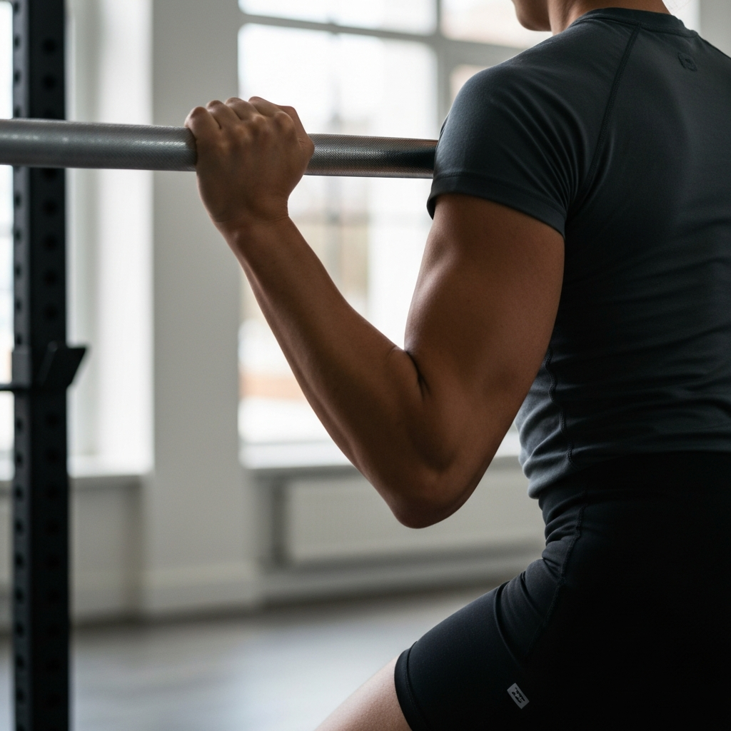 Medium shot of a person in workout clothes demonstrating the high bar squat position. Focus on their upper back muscles engaging, creating a "shelf" for the bar. Soft bokeh in the background.