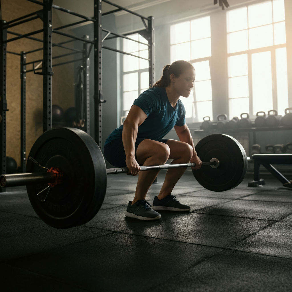 Wide shot of a person un-racking a barbell in a gym. Focus on their solid stance, engaged core, and balanced posture. Natural light streaming through the windows.