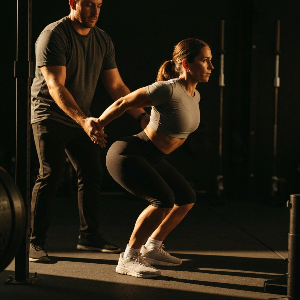 Front view of a person ascending from a back squat. Focus on their powerful leg drive, engaged glutes, and stable core. A spotter stands behind them, ready to assist if needed. Golden hour lighting casting long shadows.