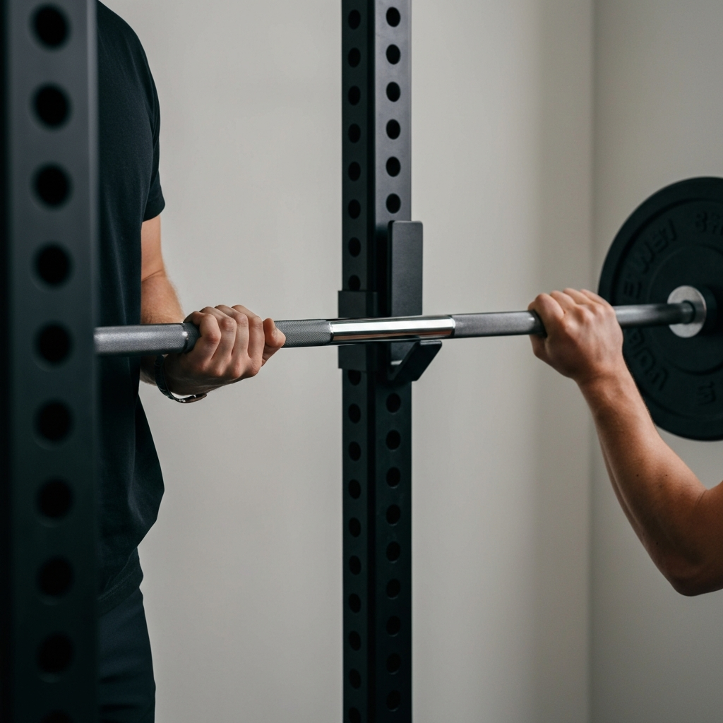 Person carefully re-racking a barbell in a squat rack. Focus on their controlled movement and the secure placement of the barbell in the J-hooks. Close up on hands gripping the barbell with focused intention.