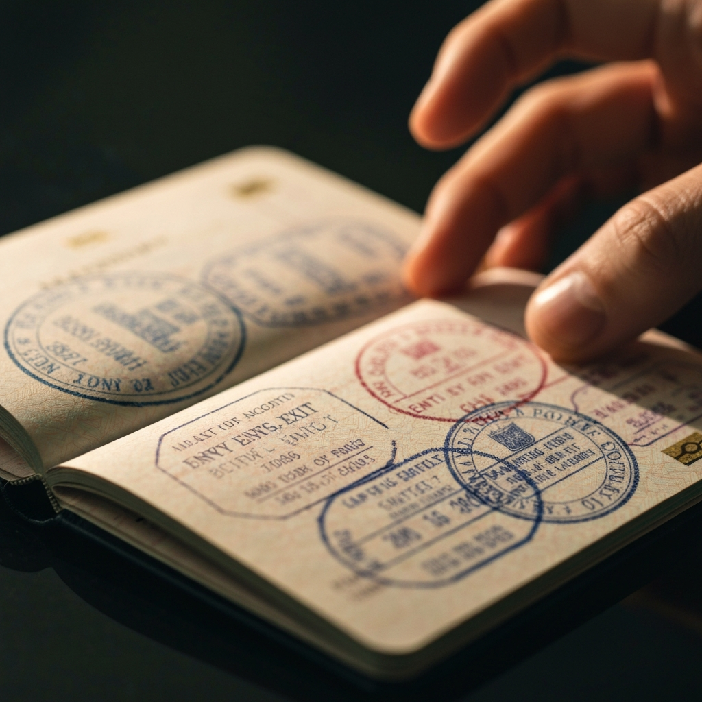 A close-up shot of a passport open to a page with multiple entry and exit stamps. Soft, warm lighting highlights the texture of the paper and the various ink colors of the stamps.
