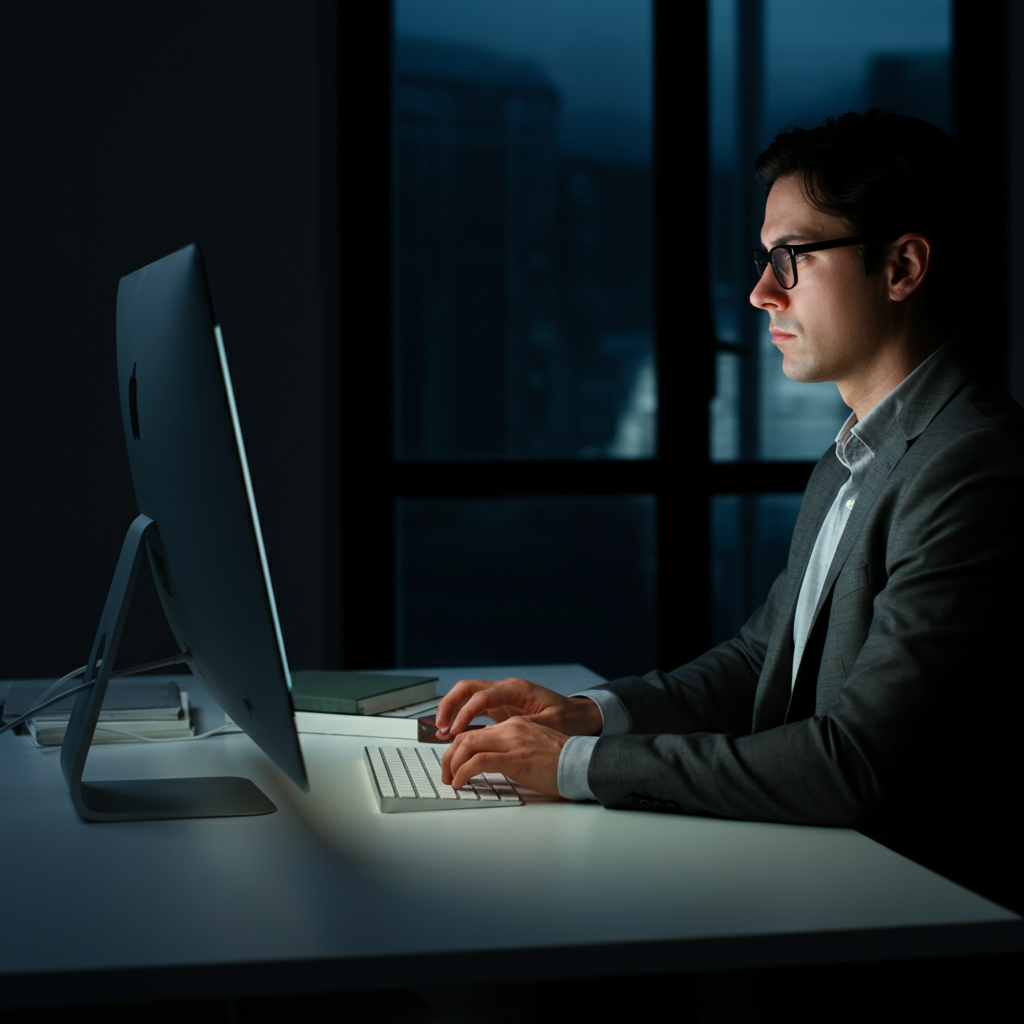 A person sitting at a desk, illuminated by the soft glow of a computer screen. Their hands are typing on the keyboard, and they are looking intently at the screen with a focused expression.