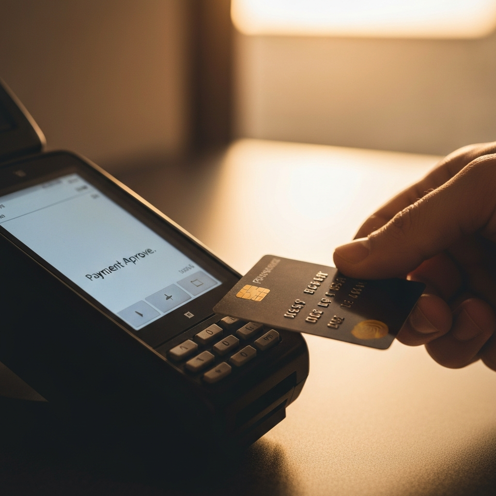 A close-up of a credit card being swiped at a point-of-sale terminal. The lighting is focused on the terminal screen, displaying a "Payment Approved" message. The background is softly blurred.