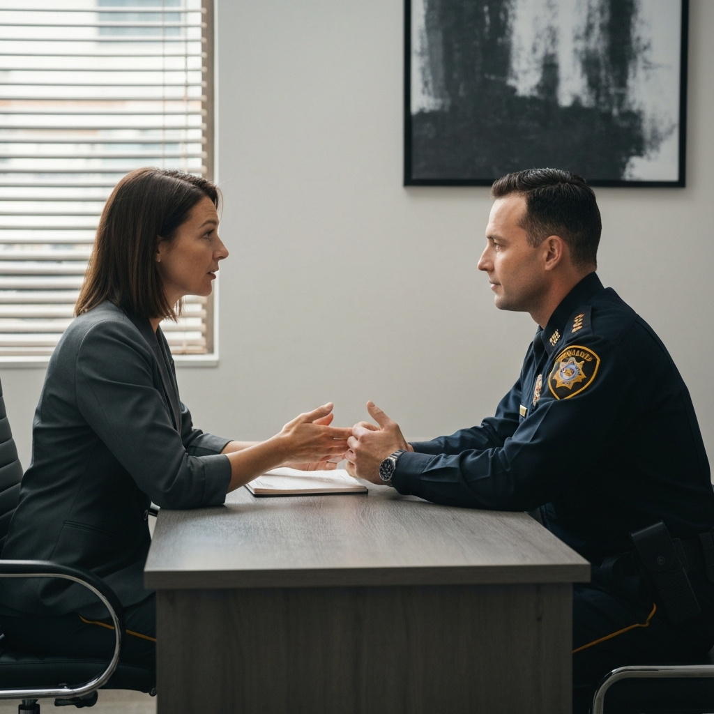 A well-lit, modern office setting. A person is sitting across a desk from an officer in uniform. They are engaged in a conversation, with a professional and respectful demeanor.