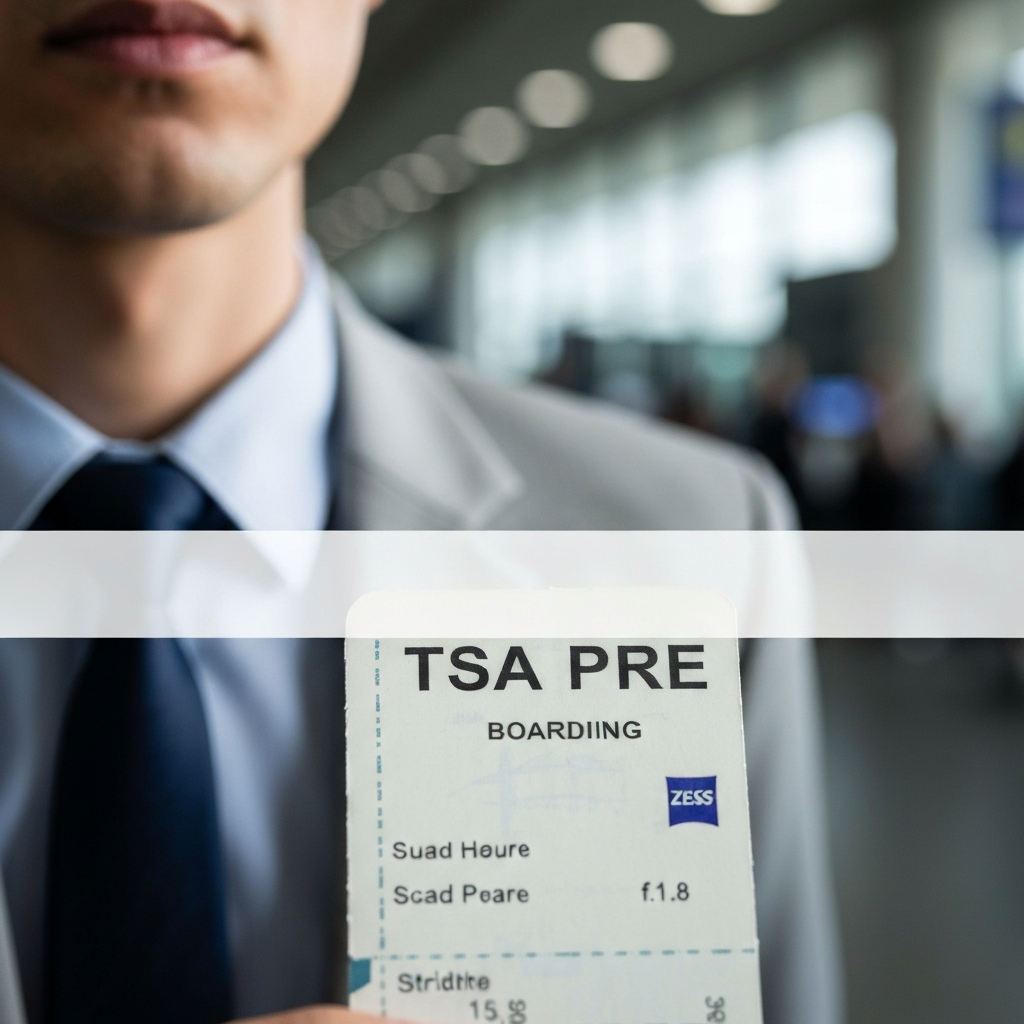 A close-up of a boarding pass, showing the "TSA PRE" indicator prominently displayed. The background is a blurred image of an airport terminal.