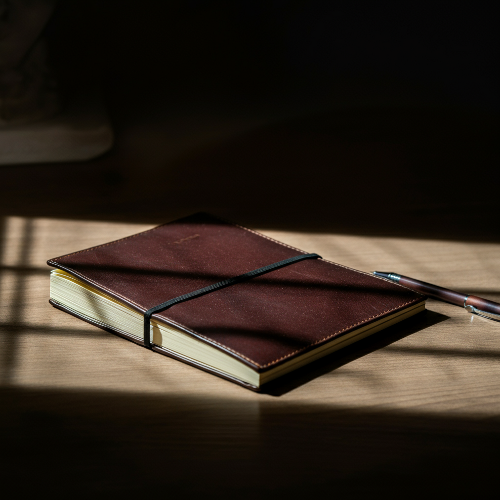 Close-up of a leather-bound journal resting on a wooden desk, sunlight streaming in through a window, casting soft shadows. A pen rests beside the journal, hinting at introspective writing.