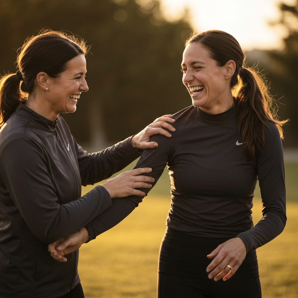 One woman gently touches the other's arm while laughing at a shared joke. The background is softly blurred, focusing on their interaction.