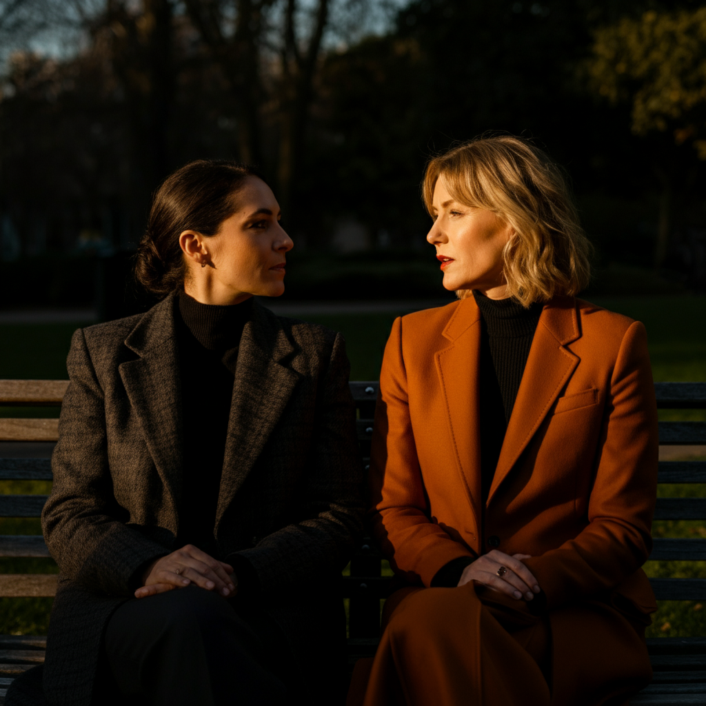 Two women are sitting side-by-side on a park bench, bathed in the warm glow of the setting sun. One woman is looking thoughtfully at the other, who is sharing a personal story, her expression open and honest.