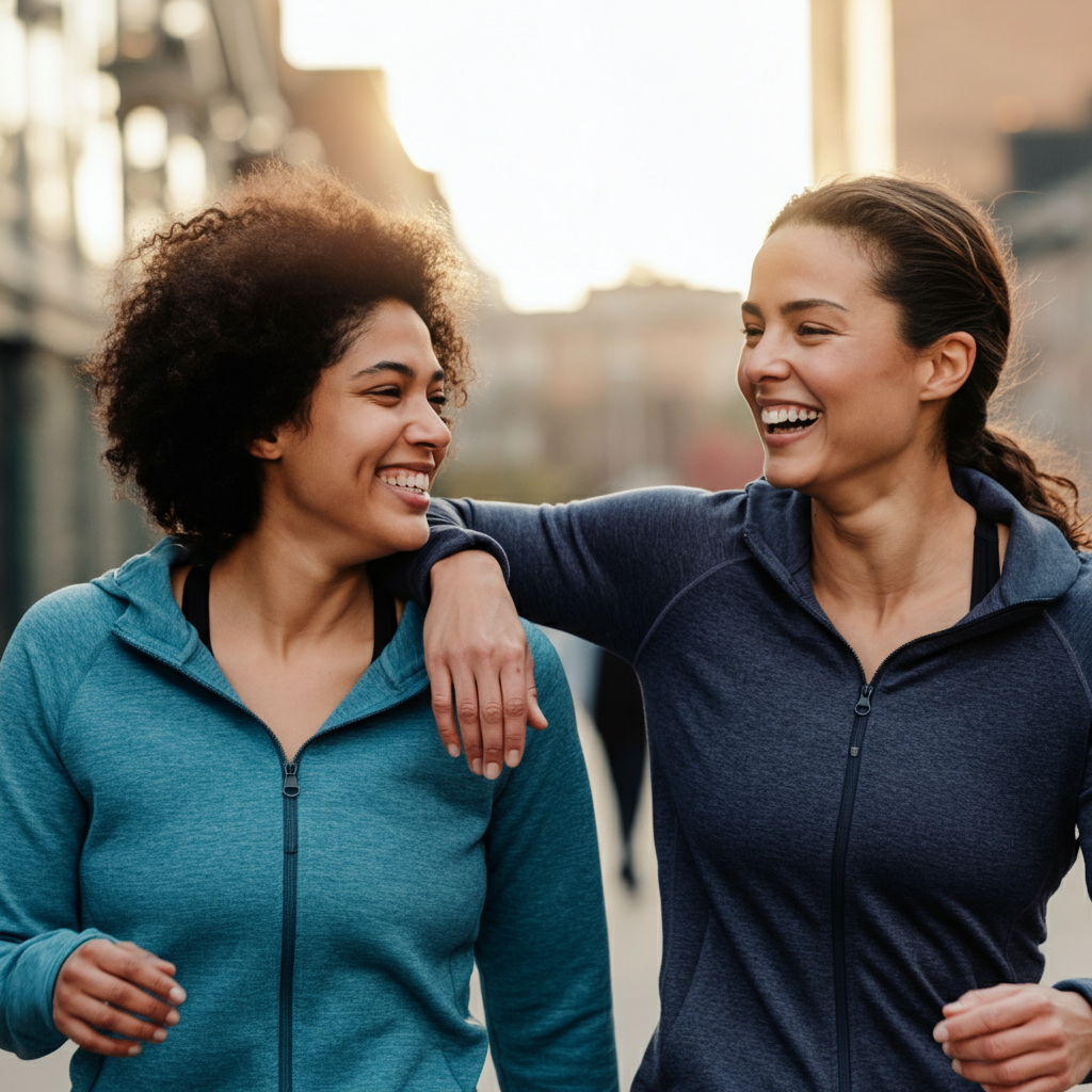 Two women are walking side-by-side down a city street, laughing and talking animatedly. The background is blurred, focusing on their close connection and easy camaraderie.