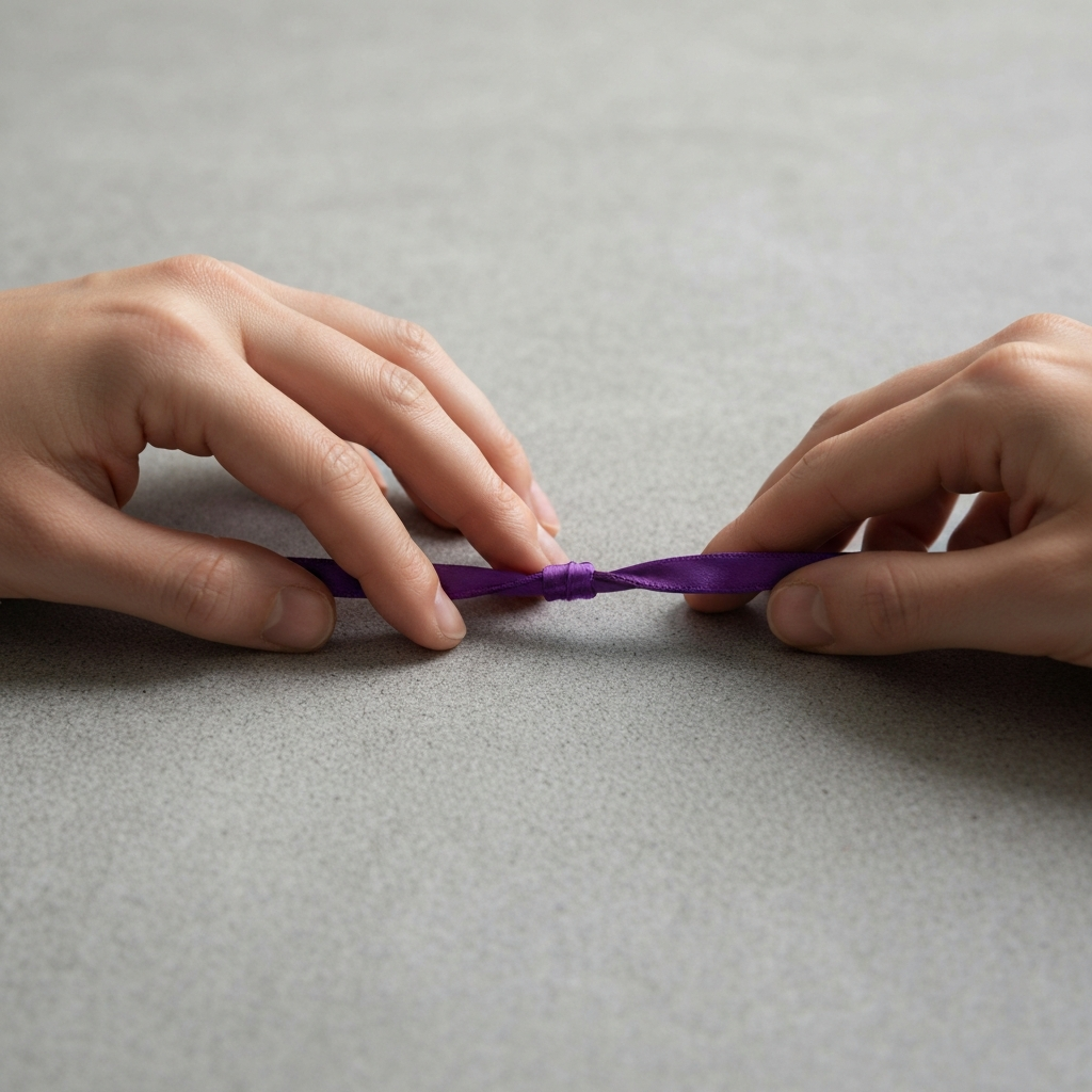 Hands overlapping the ends of a purple satin cord on a textured grey surface. Focus is sharp on the point of overlap, with diffused light highlighting the cord's sheen.