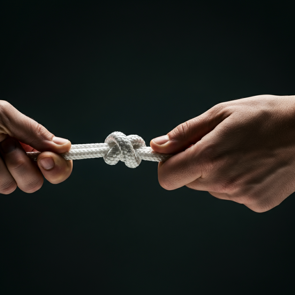 Hands pulling tightly on a white nylon cord, cinching down the barrel knot. The cords are side-lit, revealing their texture, against a dark backdrop.