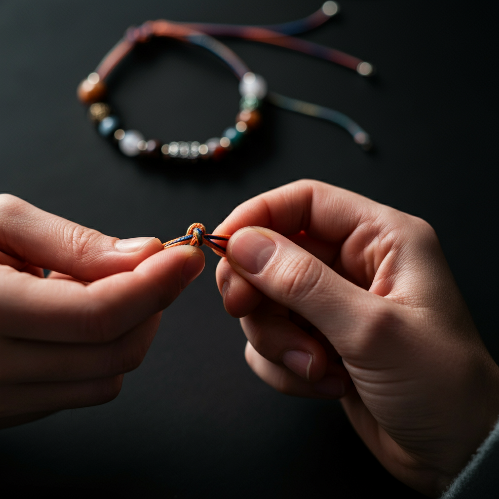 Close-up of fingers tying a small overhand knot on the end of a colorful cord. The background shows a partially completed bracelet with various beads.