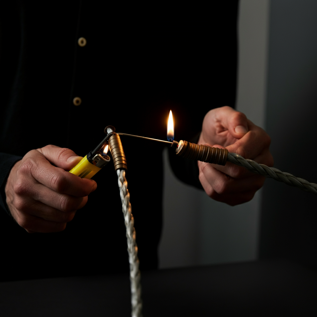 Hands carefully using a lighter to melt the end of a cord, with safety precautions in place. Soft golden-hour lighting enhances the texture of the cord.