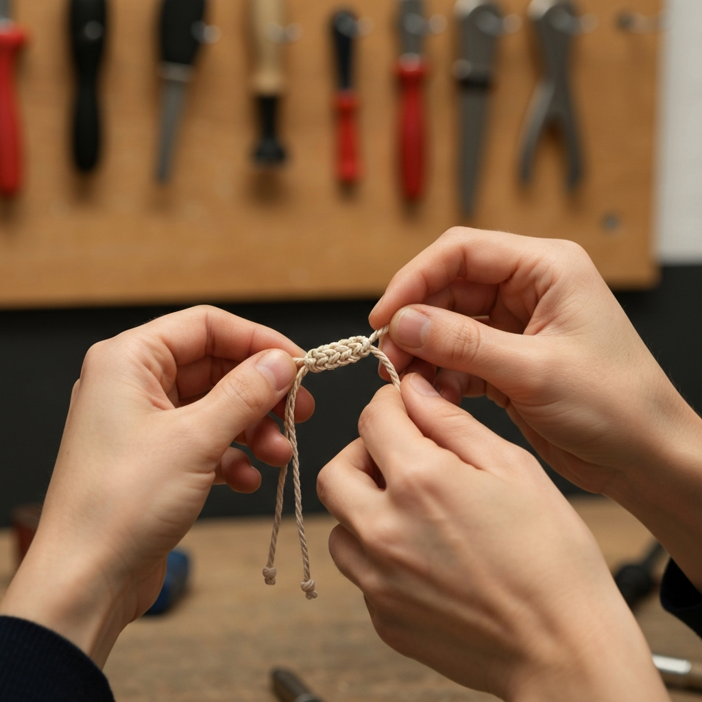 Hands performing a macramé knot, carefully weaving the cord around the bracelet strands. The backdrop is a blurred workshop setting with tools hanging on the wall.