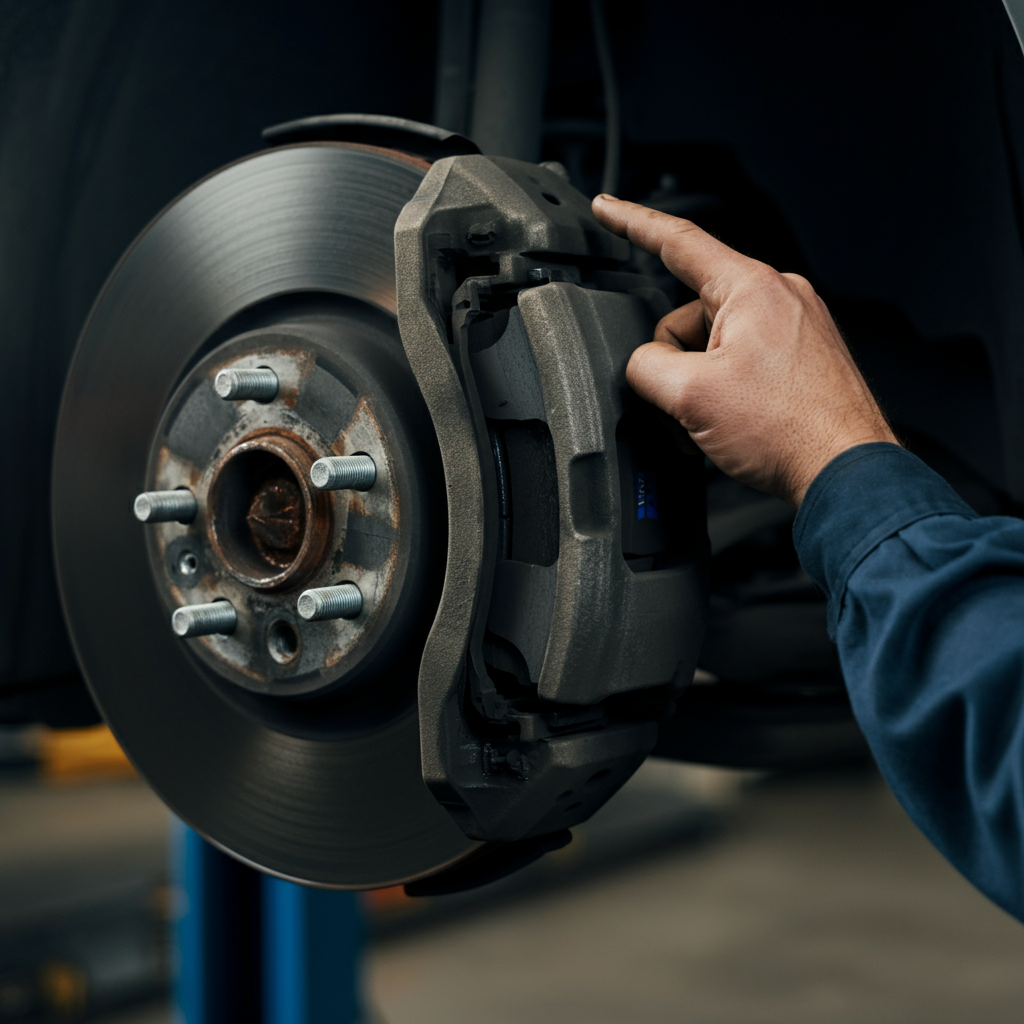 Close up, side-lit shot of a mechanic's hand pointing at a brake caliper with worn brake pads. Soft bokeh background shows a car lift in a professional auto repair shop.
