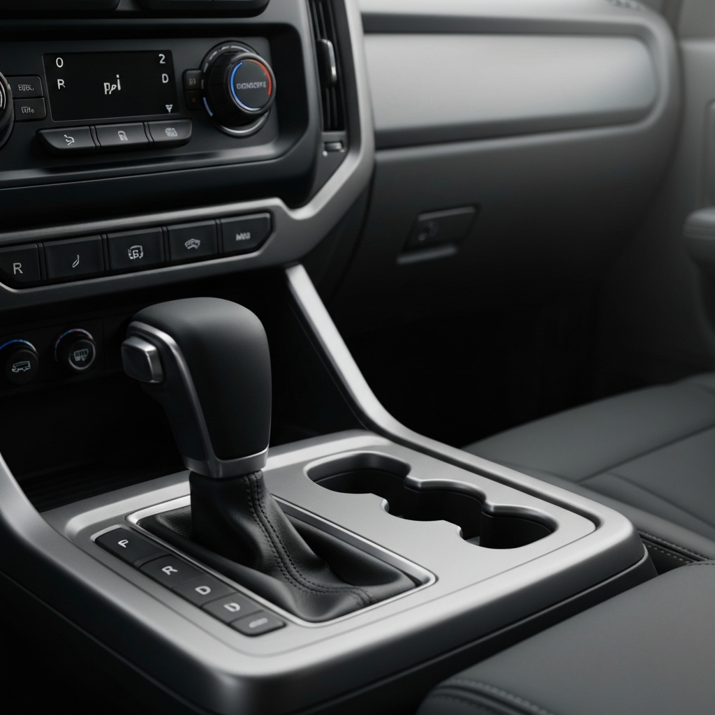 Mid-shot of a center console of a pickup truck. The emergency brake lever is slightly pulled up, indicating partial engagement. The gear shift is in Park.