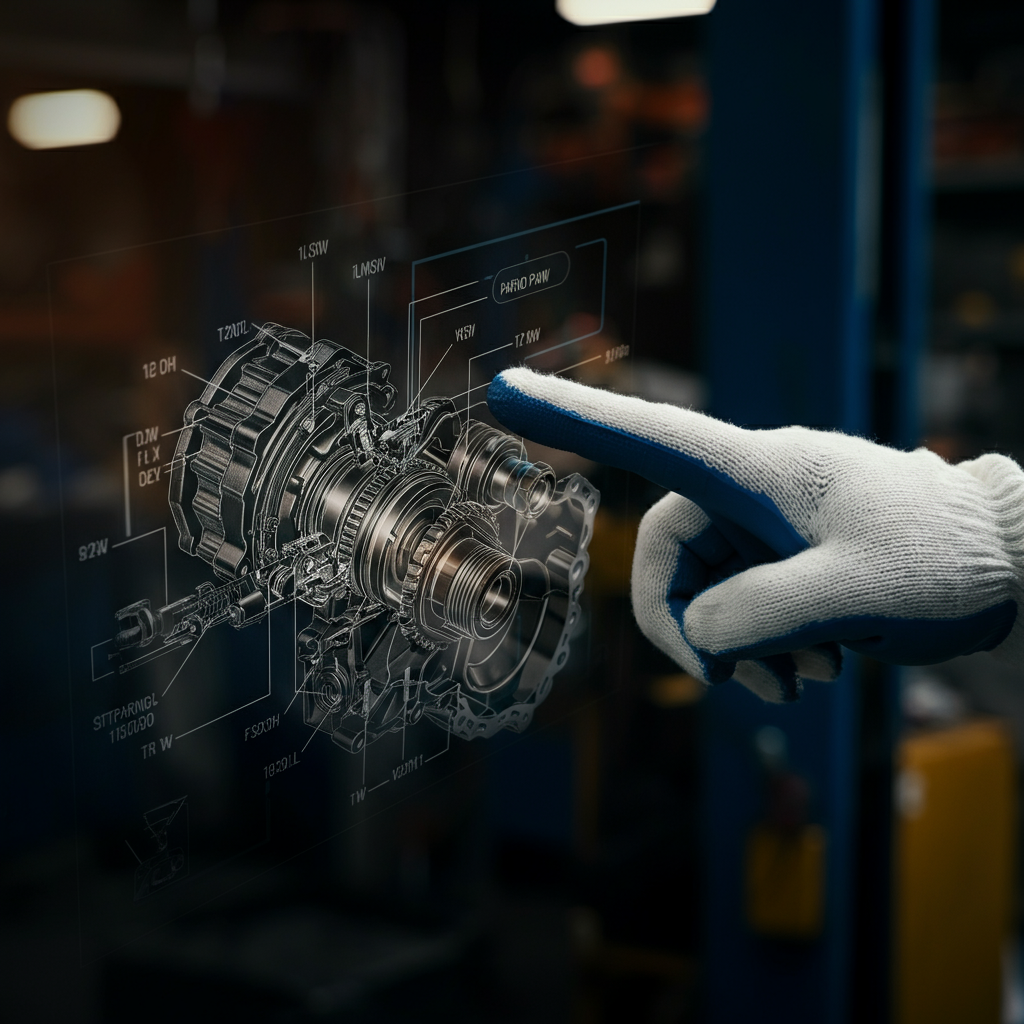 Softly lit, high-angle close-up of a mechanic's gloved hand pointing to a diagram of a transmission, highlighting the parking pawl mechanism. The diagram is slightly out of focus, creating depth.