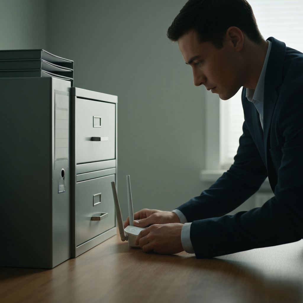 A well-lit office setting. A person is carefully adjusting the position of a Wi-Fi router on a wooden desk, making sure it is away from a metal filing cabinet in the background. Soft bokeh on the filing cabinet, emphasizing the router.
