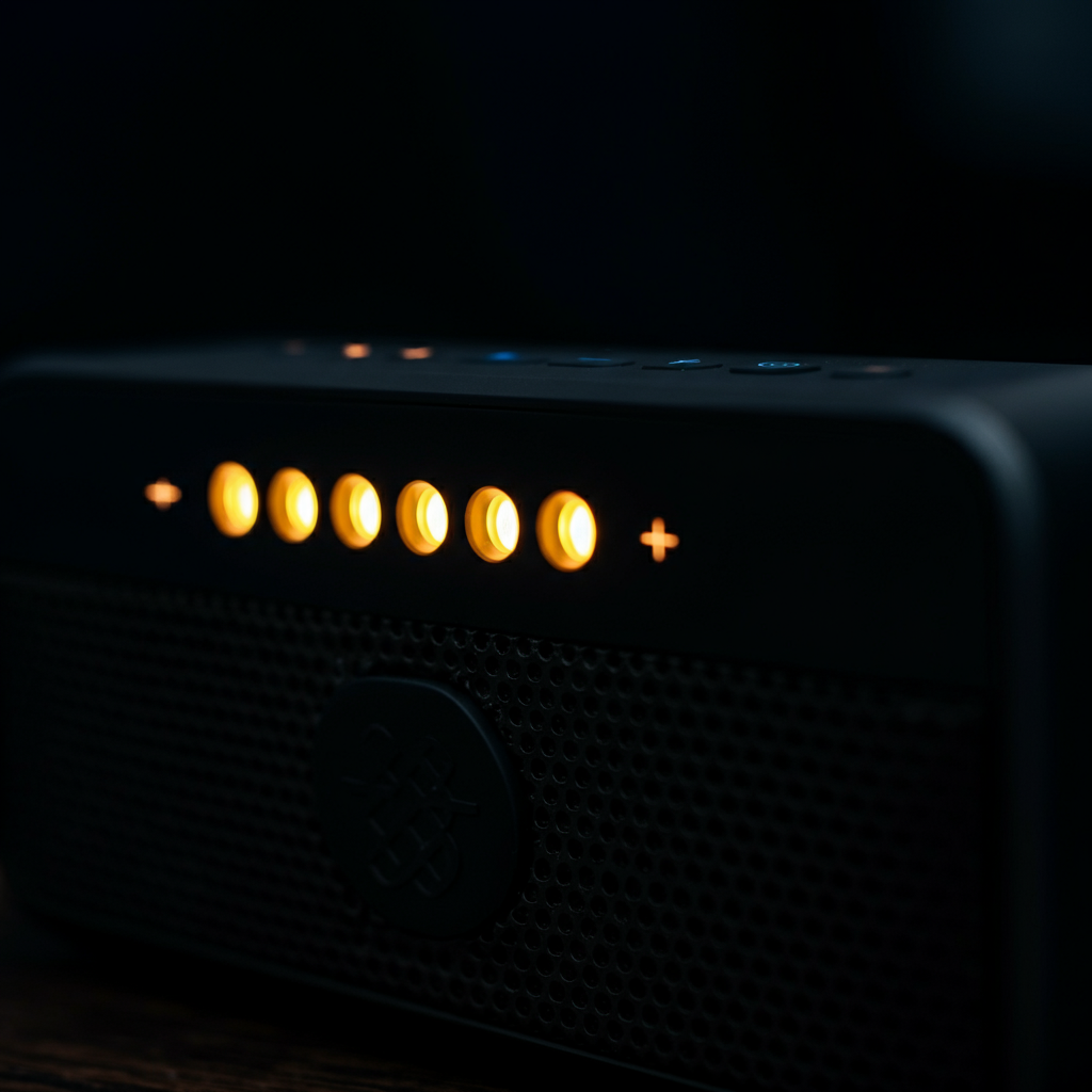 Close-up shot of a Bluetooth speaker with a series of five LED lights indicating signal strength. Four lights are illuminated, showing a relatively strong signal. The lights are subtly diffused, giving a modern aesthetic.