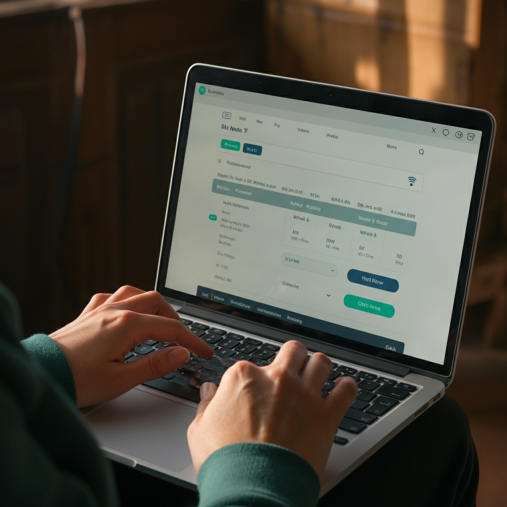 A person's hands are shown typing on a laptop. The screen displays the web interface of a Wi-Fi router, showing signal strength and other network parameters. Natural light is coming from a window, illuminating the laptop screen.