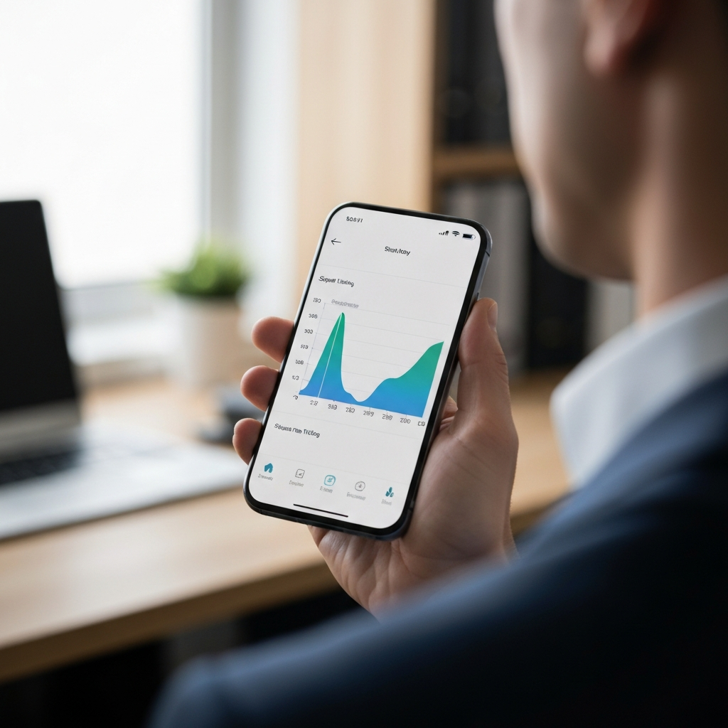 A person is holding a smartphone, and the screen displays a signal testing application showing a graph of signal strength over time. The background shows a home office setting with blurred-out details.