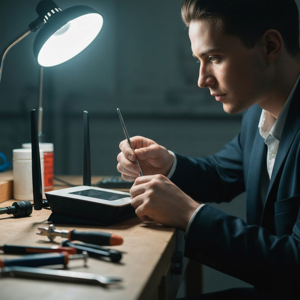 A technician is carefully examining the antenna on a Wi-Fi router. The router is placed on a workbench with various tools. The lighting is bright and focused on the router's components.
