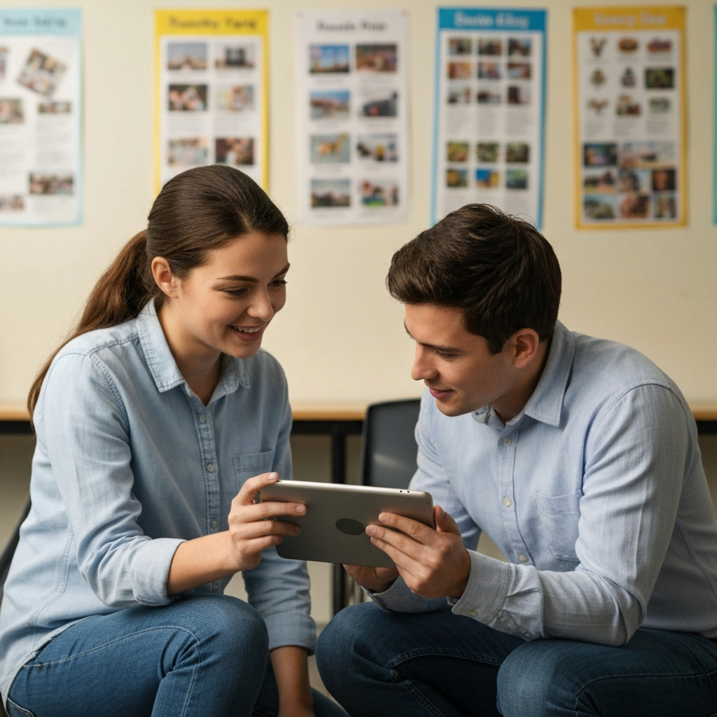 A brightly lit classroom. A teacher kneels beside a student, both looking at a tablet displaying a video of dinosaurs. Soft focus on background posters showing various hobbies.