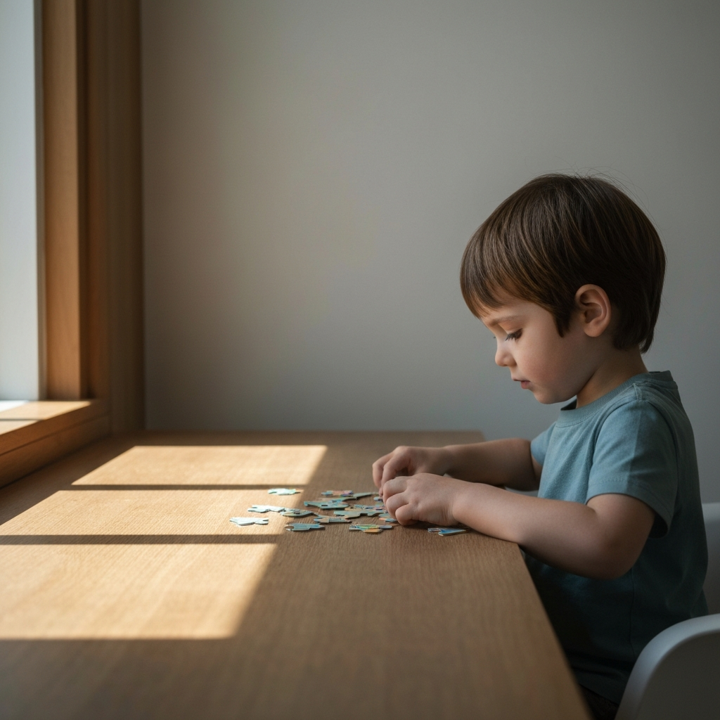 A child sitting at a desk, working on a puzzle. The desk is side-lit, showcasing the texture of the wooden surface. The child is focused, with soft natural light highlighting their expression.