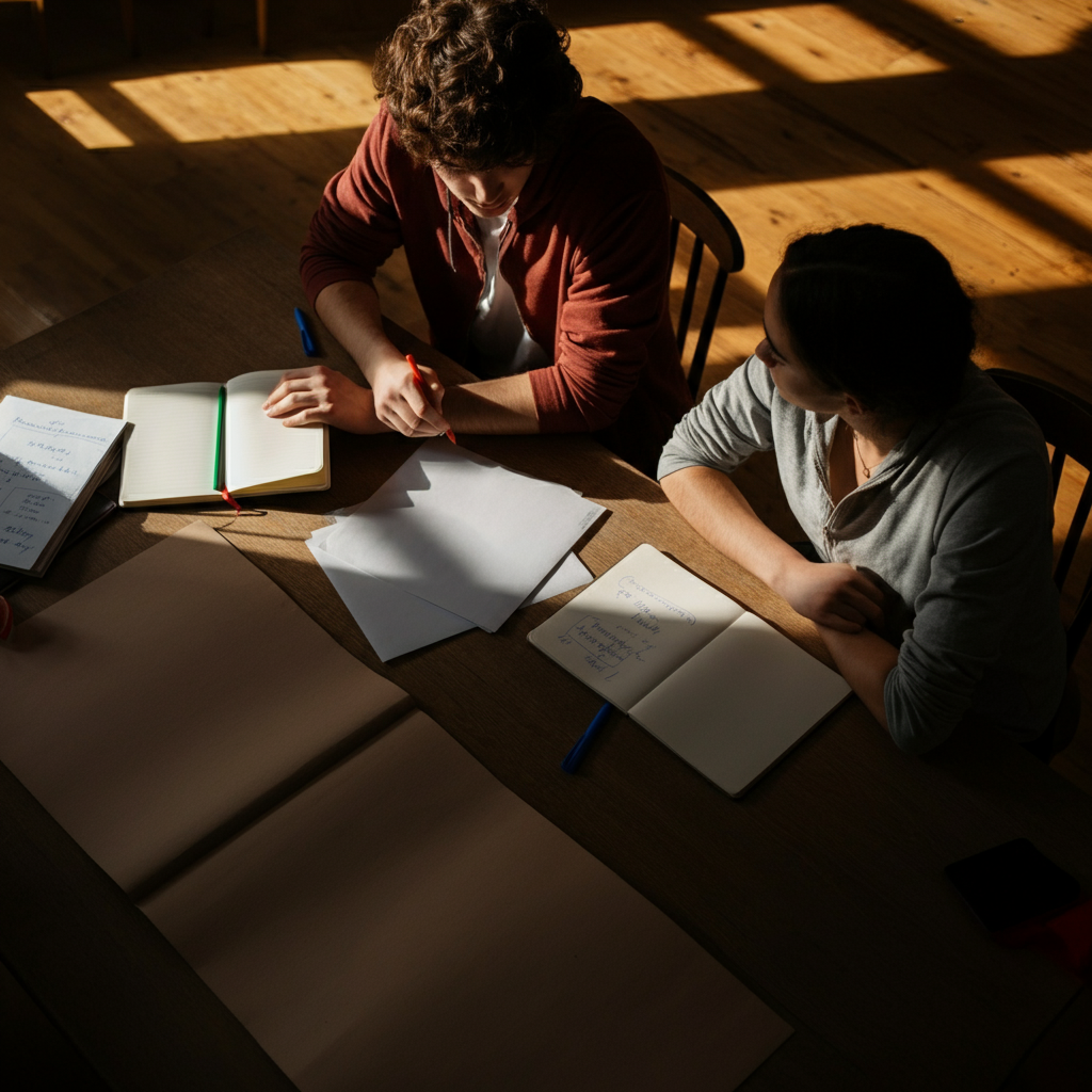 Two students sitting at a table, heads together, intensely discussing a project. The scene is shot from above, capturing the notebooks and pens on the table. Natural lighting fills the room.