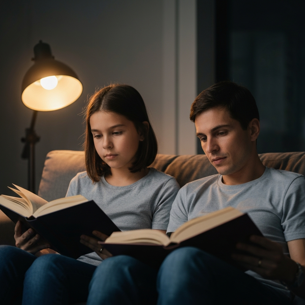 A parent and child sitting on a couch, both reading books. Soft, warm light from a nearby lamp illuminates their faces. Focus is on the texture of the pages and the expressions of concentration.